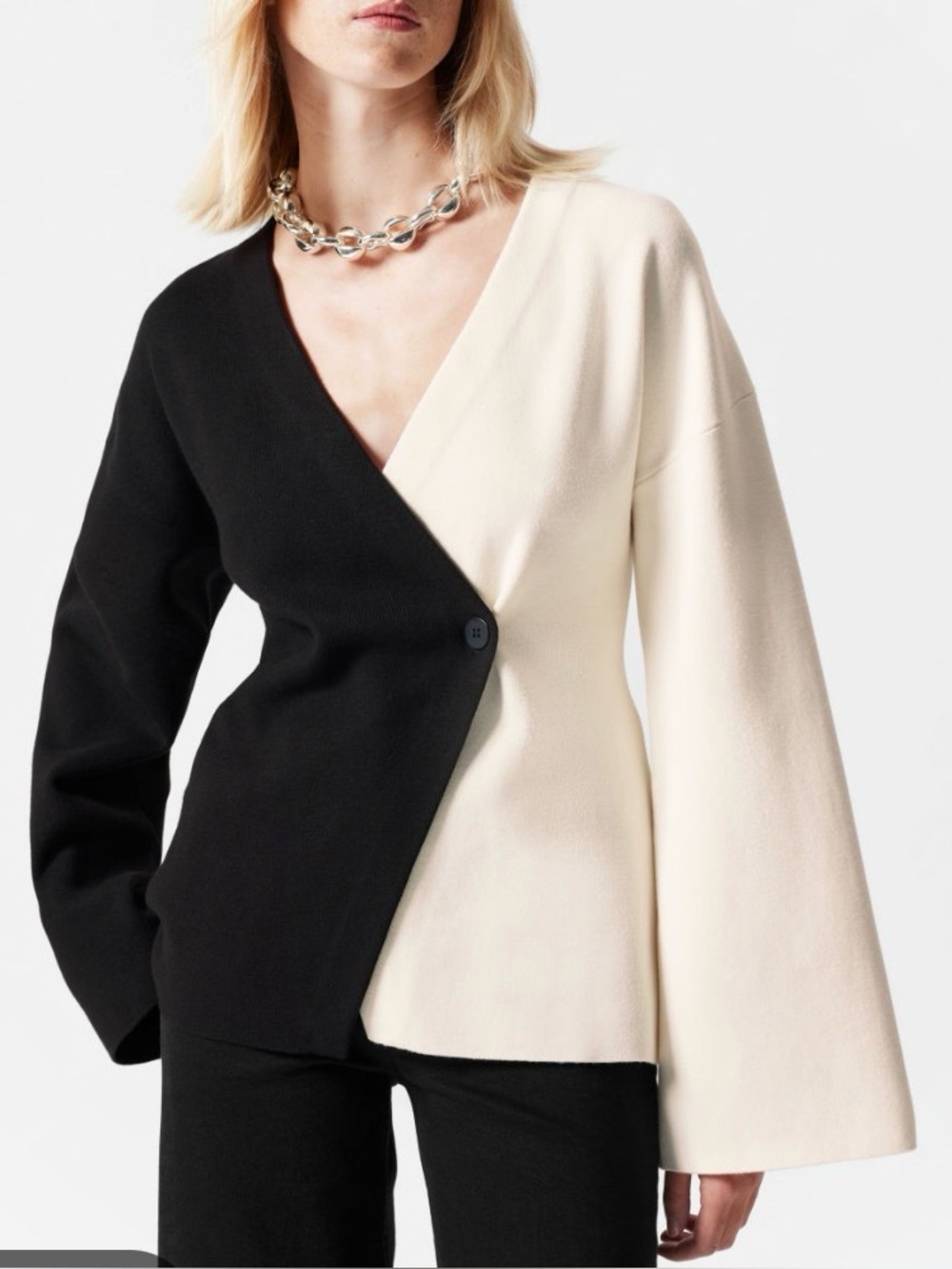 & Other Stories knit asymmetric front cardigan flared sleeves black cream Small